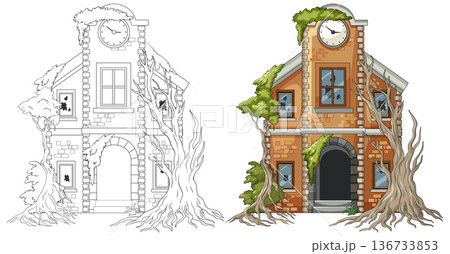Abandoned Brick Schoolhouse Overtaken by Tree Roots 136733853