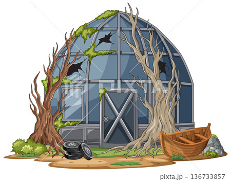 Abandoned Glass Dome Greenhouse With Dead Trees Illustration 136733857