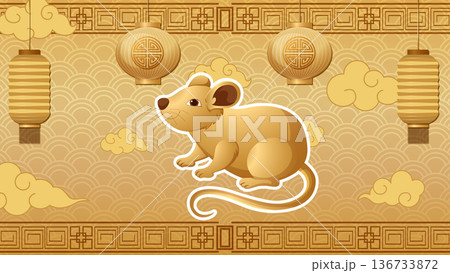 Golden Chinese Zodiac Rat Illustration with Traditional Lanterns and Clouds 136733872