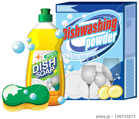 Dish Soap, Powder, and Sponge with Clean Glassware 136733873