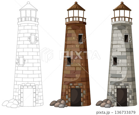 Stone Lighthouse Variations in Line Art and Color 136733879