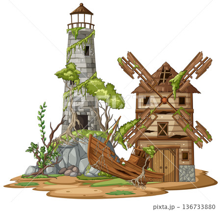Abandoned Lighthouse and Windmill with Old Wooden Boat Abandoned Lighthouse and Windmill with Old Wooden Boat 136733880