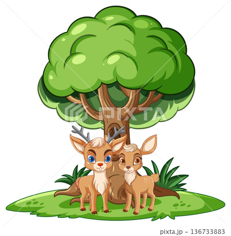 Two Cartoon Deer Standing Under a Green Tree 136733883