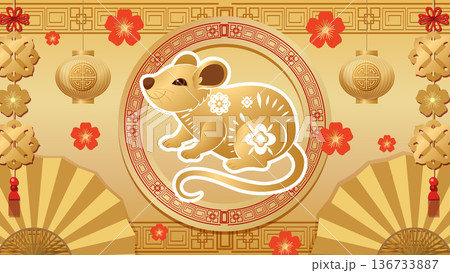 Golden Chinese Zodiac Rat Illustration with Traditional Lunar New Year Elements Golden Chinese Zodiac Rat Illustration with Traditional Lunar New Year Elements 136733887