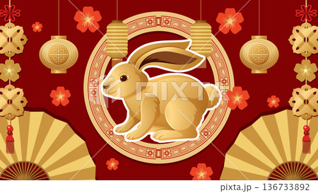 Chinese Zodiac Rabbit Illustration with Traditional Lanterns and Golden Fans 136733892