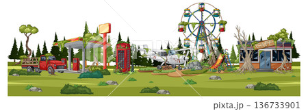 Abandoned Rural Amusement Park With Gas Station And Plane 136733901