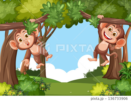 Two Playful Monkeys Hanging From Jungle Tree Branches 136733906