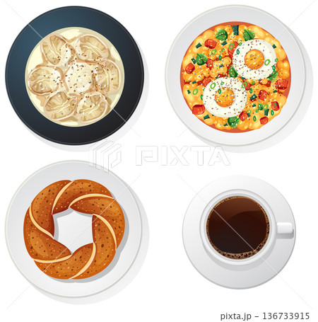 Traditional Turkish Breakfast Foods and Coffee Vector Illustration 136733915