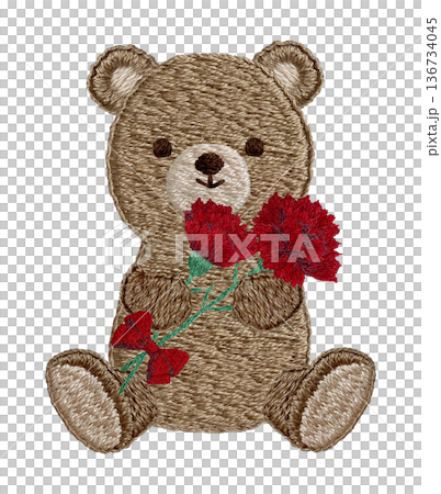 【泰迪熊手捧康乃馨】手工刺繡插畫素材 136734045