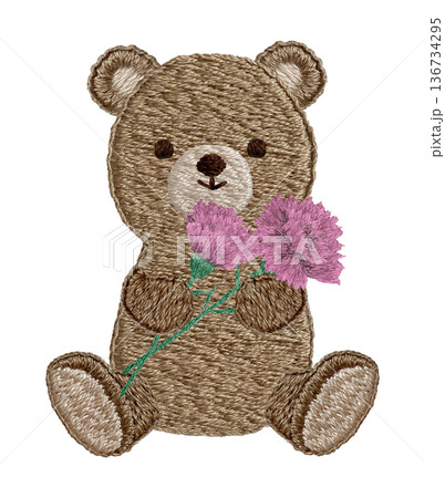 【カーネーションを持つテディベア】手刺繍イラスト素材 【カーネーションを持つテディベア】手刺繍イラスト素材 136734295