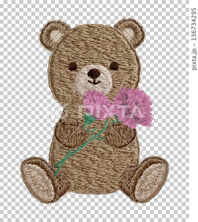【カーネーションを持つテディベア】手刺繍イラスト素材 【カーネーションを持つテディベア】手刺繍イラスト素材 136734295