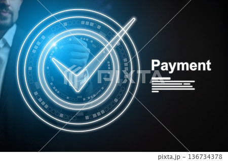 Banking invoice payment process with digital checkmark in a financial setting Banking invoice payment process with digital checkmark in a financial setting 136734378