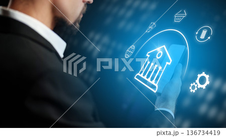 Banking invoice payment through a mobile device in a digital environment at nighttime 136734419
