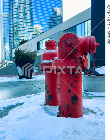 Two red fire hydrants stand in snow beside a modern building in a city downtown area during winter with tall glass structures in the background reflecting sunlight 136734575