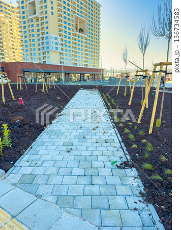 Construction of a new walkway and planting of trees in an urban area during the daytime, with buildings in the background and clear blue sky above Construction of a new walkway and planting of trees in an urban area during the daytime, with buildings in the background and clear blue sky above 136734583