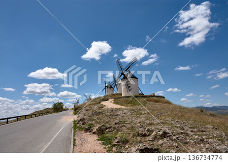 Windmills of Consuegra in the province of Toledo in La Mancha, reminiscent of the Spain of Don Quixote Windmills of Consuegra in the province of Toledo in La Mancha, reminiscent of the Spain of Don Quixote 136734774