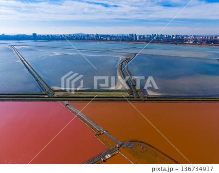 Bright colors form a landscape seen from above with water and land patterns in a coastal area on a clear day 136734917