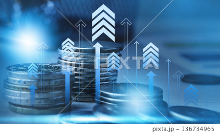 Rising coins with upward arrows showing trends in finance and investment growth over time Rising coins with upward arrows showing trends in finance and investment growth over time 136734965