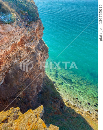 View of a rocky cliff above clear blue water on a sunny day near a coastline with visible marine life and pebbles in the shallow area View of a rocky cliff above clear blue water on a sunny day near a coastline with visible marine life and pebbles in the shallow area 136735019