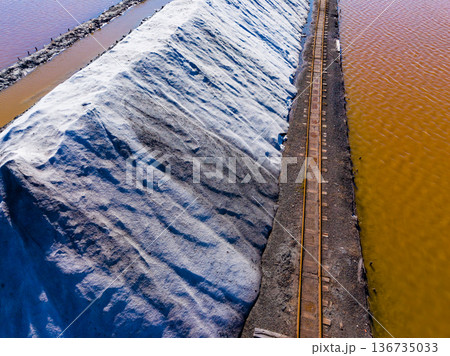 Salt piles next to water bodies reflect bright sunlight during the day in a coastal area Salt piles next to water bodies reflect bright sunlight during the day in a coastal area 136735033