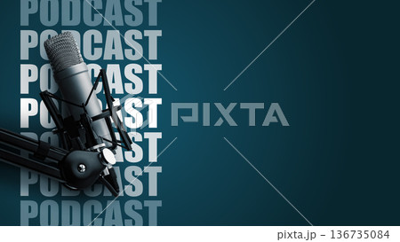 Podcast setup with microphone and background design showing podcast text 136735084