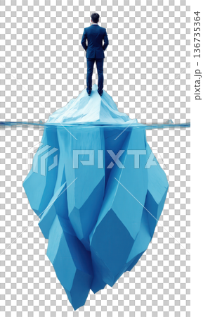 A male CEO in iceberg blue, standing on a floating iceberg made of archived deals, symbolizing the vast unseen work 136735364