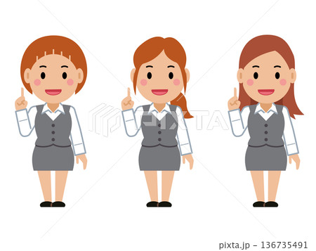 ナンバーワンポーズをするグレー事務服の若い女性。その2 ナンバーワンポーズをするグレー事務服の若い女性。その2 136735491