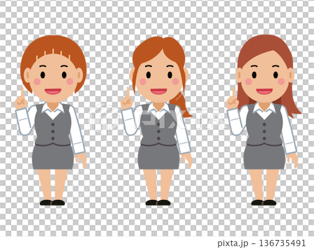 ナンバーワンポーズをするグレー事務服の若い女性。その2 ナンバーワンポーズをするグレー事務服の若い女性。その2 136735491