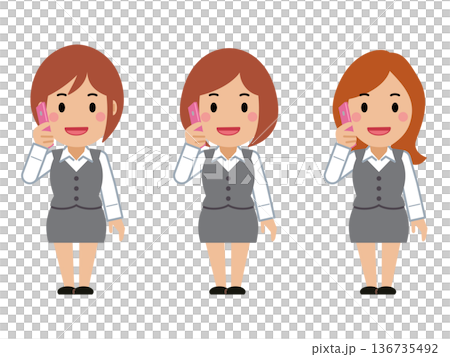 一位身穿灰色職業裝的年輕女子正在用智慧型手機打電話 136735492