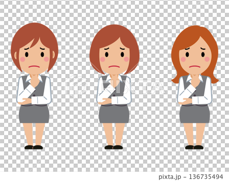 A worried face with her hand on her chin. A young woman in gray office wear A worried face with her hand on her chin. A young woman in gray office wear 136735494