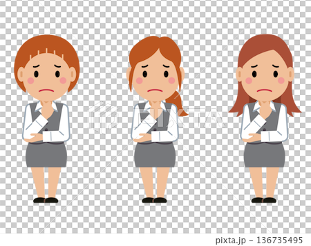 A worried face with her hand on her chin. A young woman in a gray office uniform. Part 2 A worried face with her hand on her chin. A young woman in a gray office uniform. Part 2 136735495