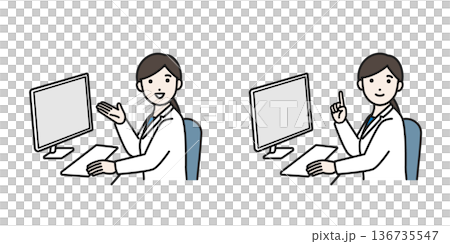 A woman in a white coat facing a computer A woman in a white coat facing a computer 136735547
