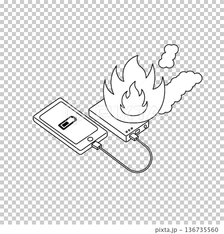 Black and white line drawing of a mobile battery and smartphone that caught fire while charging 136735560
