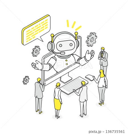 AIボットと一緒に業務改善を考えるビジネスチームのアイソメトリックイラスト AIボットと一緒に業務改善を考えるビジネスチームのアイソメトリックイラスト 136735561