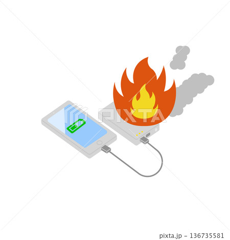 充電中に発火したモバイルバッテリーとスマホの主線なしイラスト 136735581