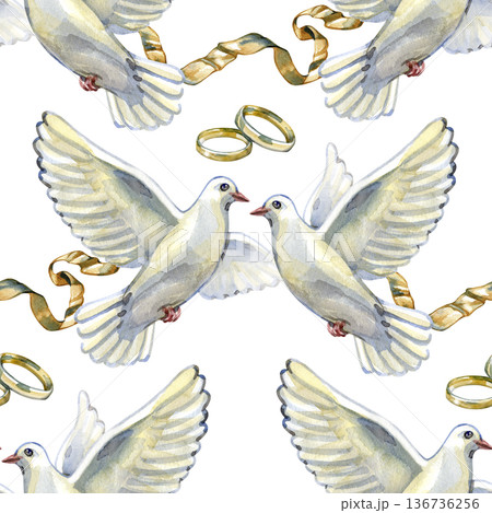 Beautiful watercolor seamless pattern with white doves, golden wedding rings, and silk ribbons. A romantic hand-painted design symbolizing love and peace, perfect for bridal stationery and textiles. Beautiful watercolor seamless pattern with white doves, golden wedding rings, and silk ribbons. A romantic hand-painted design symbolizing love and peace, perfect for bridal stationery and textiles. 136736256