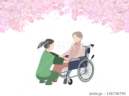 満開の桜の木の下で車椅子の老人と介護士が話しているイラスト 136736795