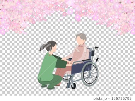 満開の桜の木の下で車椅子の老人と介護士が話しているイラスト 136736795