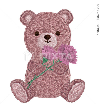 【カーネーションを持つテディベア】手刺繍イラスト素材 136736799