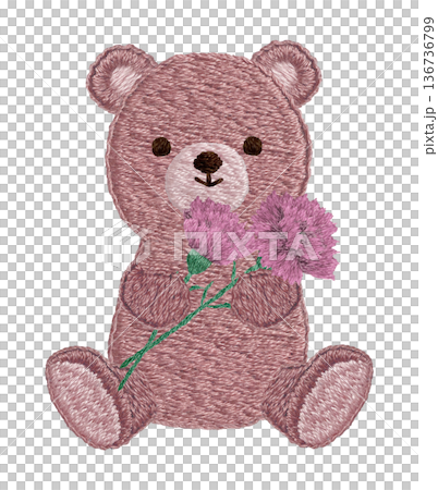 【カーネーションを持つテディベア】手刺繍イラスト素材 136736799