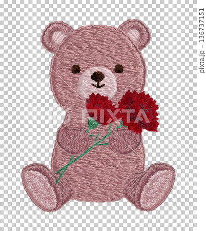 [Teddy bear holding a carnation] Hand-embroidered illustration material 136737151