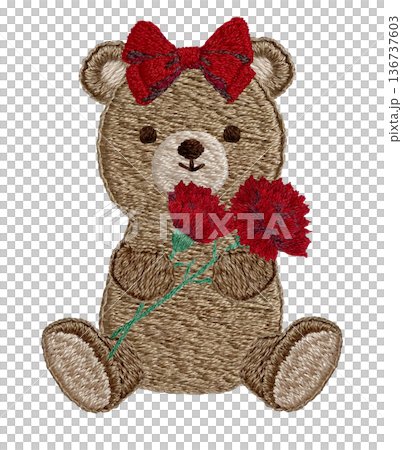 【泰迪熊手捧康乃馨】手工刺繡插畫素材 136737603