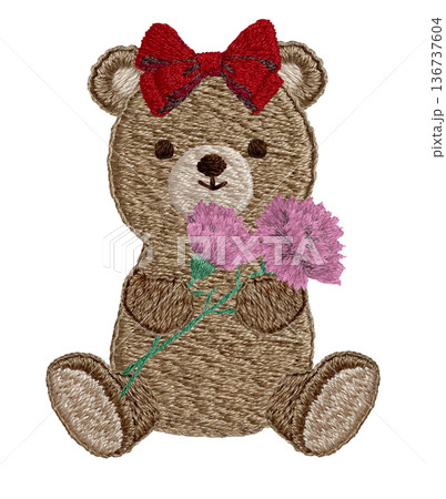 【カーネーションを持つテディベア】手刺繍イラスト素材 136737604