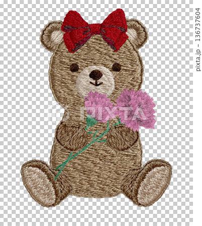 [Teddy bear holding a carnation] Hand-embroidered illustration material 136737604