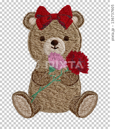 【泰迪熊手捧康乃馨】手工刺繡插畫素材 136737605