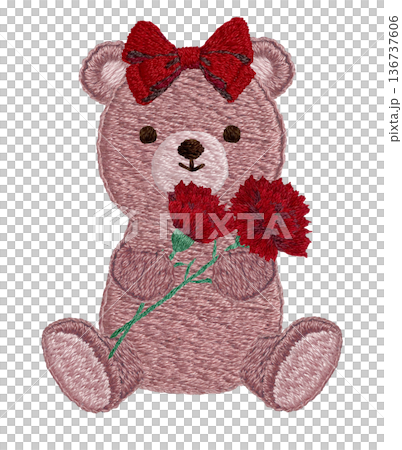 【泰迪熊手捧康乃馨】手工刺繡插畫素材 【泰迪熊手捧康乃馨】手工刺繡插畫素材 136737606