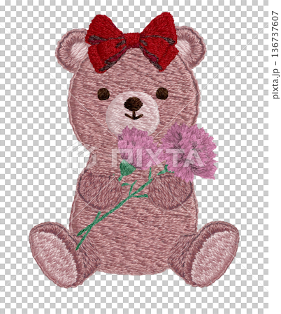 【カーネーションを持つテディベア】手刺繍イラスト素材 【カーネーションを持つテディベア】手刺繍イラスト素材 136737607