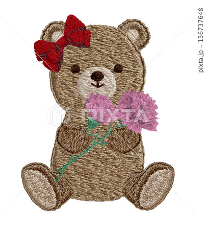 【カーネーションを持つテディベア】手刺繍イラスト素材 【カーネーションを持つテディベア】手刺繍イラスト素材 136737648