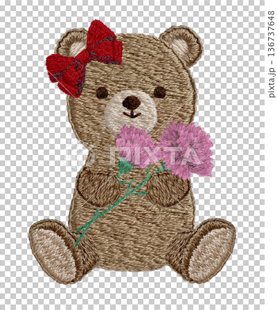 【カーネーションを持つテディベア】手刺繍イラスト素材 【カーネーションを持つテディベア】手刺繍イラスト素材 136737648