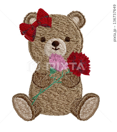 【カーネーションを持つテディベア】手刺繍イラスト素材 【カーネーションを持つテディベア】手刺繍イラスト素材 136737649
